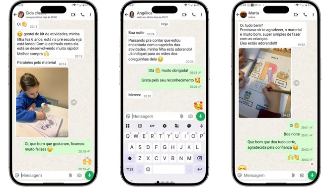 Depoimentos reais de clientes no WhatsApp — Cida, Angélica e Marta